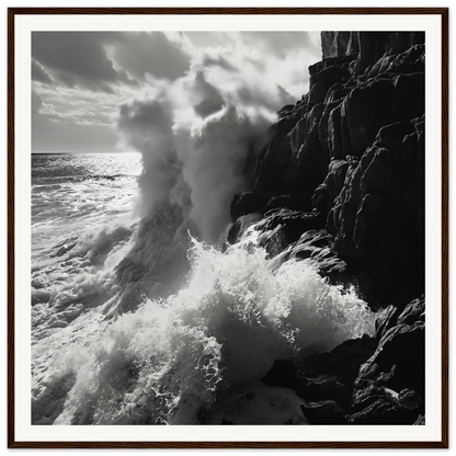 Powerful ocean waves crash on cliffs in black and white for Ocean’s Unyielding Fury