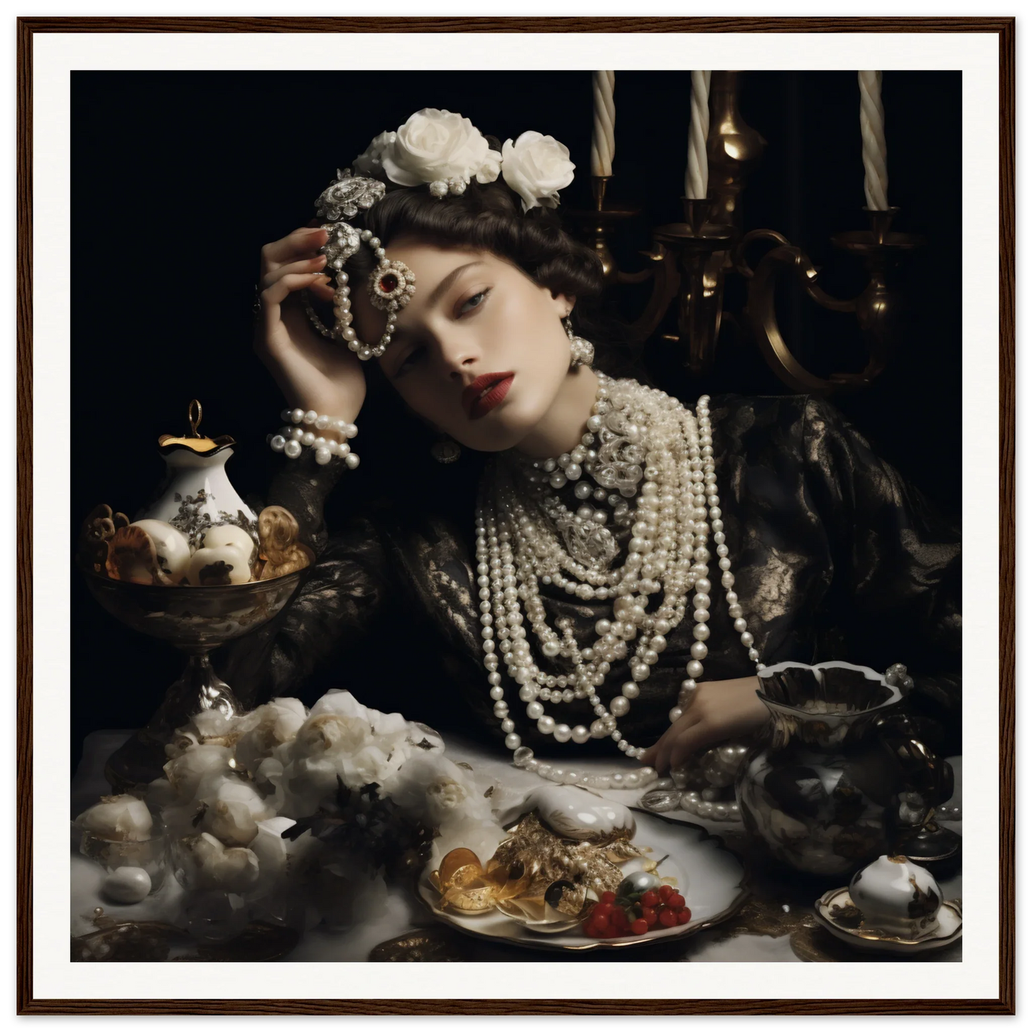 Elegant figure in pearls and flowers at ornate tea setting for Opulence’s Quiet Soul