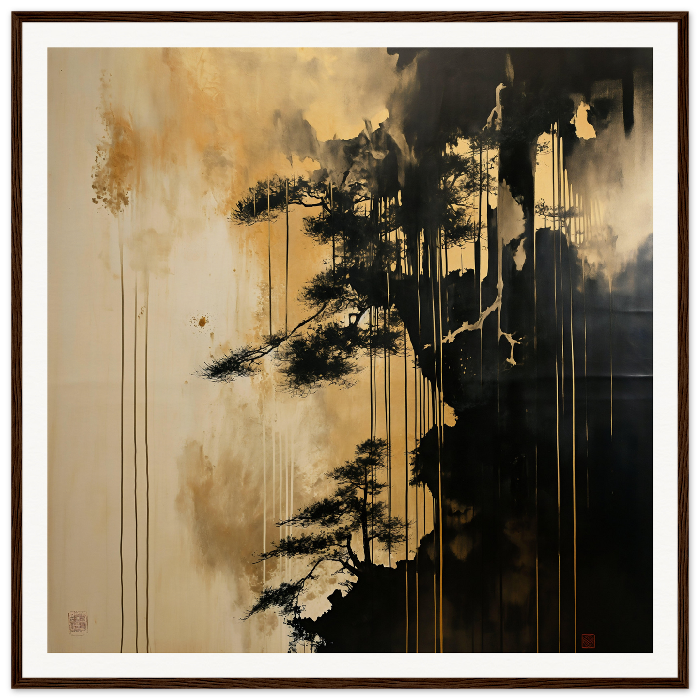 Dark silhouette of a pine tree with paint effects from Pine Fog Reverie special edition art™