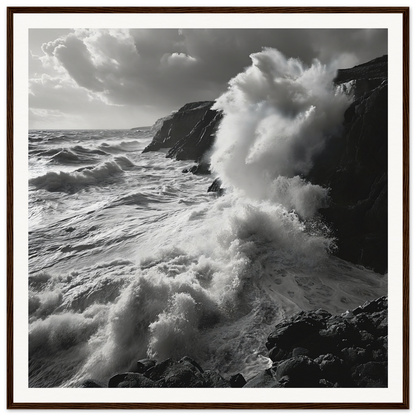 Powerful ocean waves crashing on cliffs in Primal Ocean Symphony framed masterpiece