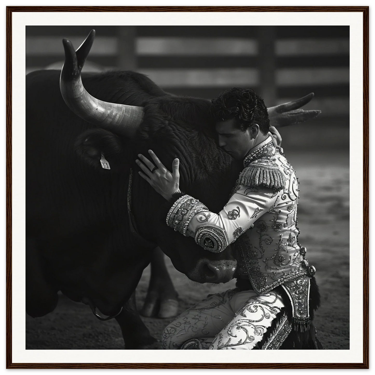 A matador in a stunning suit grapples with a bull in Quiet Matador Whisper art