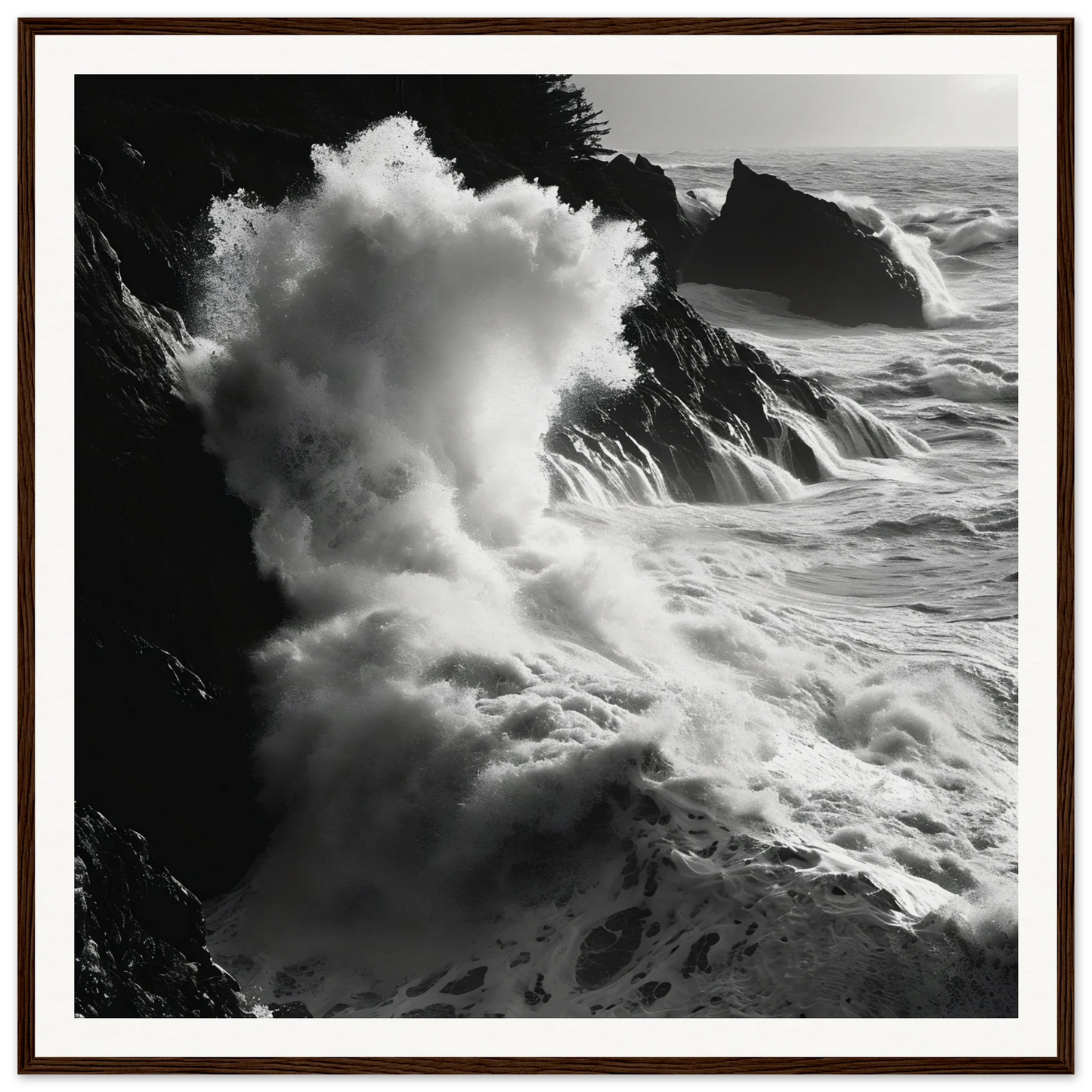 Powerful ocean waves crash on rocky cliffs in Seas Slaps Struzgwžues framed art