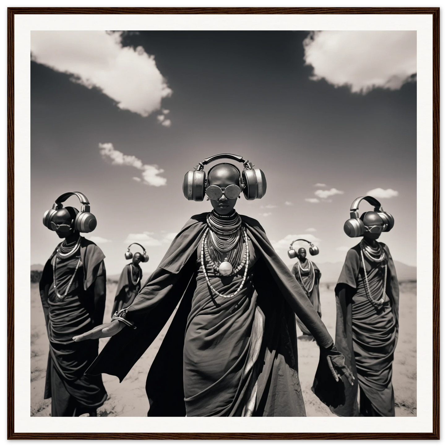 Five figures in African dress with headphones in a striking black and white for Serengeti Space Odyssey