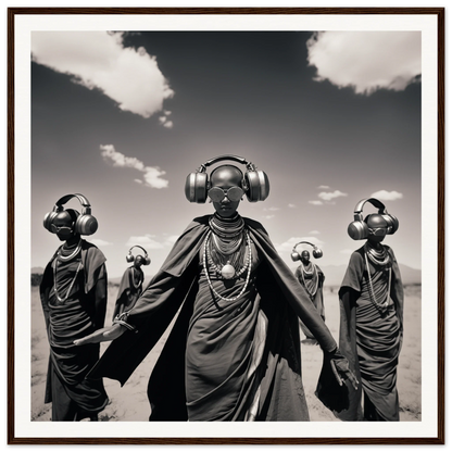 Five figures in African dress with headphones in a striking black and white for Serengeti Space Odyssey