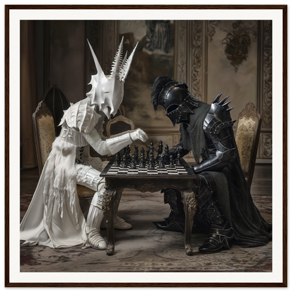 Two armored figures in a Serpentine Strategists Duel play chess on framed wall art