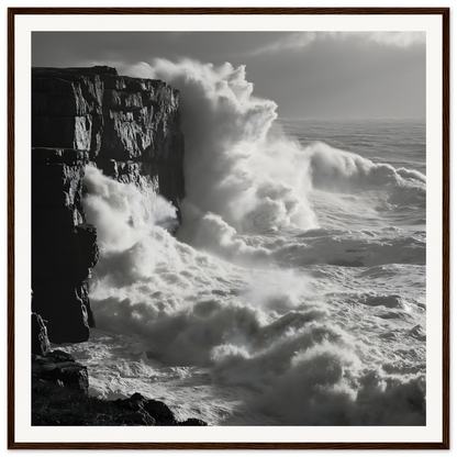 Powerful ocean waves crashing on rocky cliffs, featured in Shattered Liquid Symphony art™