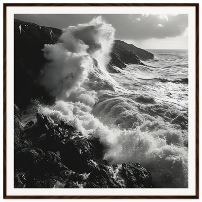 Powerful ocean waves crashing on cliffs in Sinous Tidal Symphony art piece