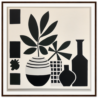 Black and white Soma Sonata Sleek art with stylized plants and geometric shapes