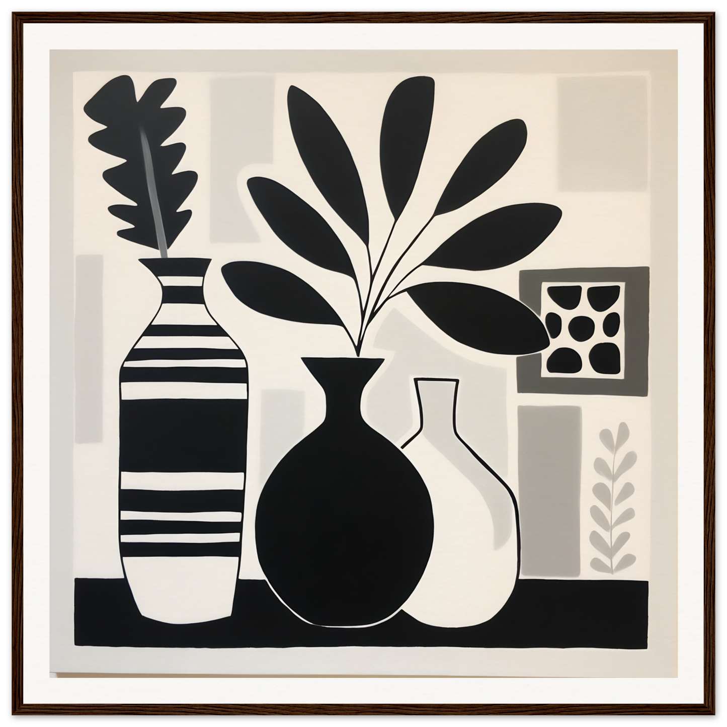 Black and white still life of vases with plants from Stillness Serenade Meditations art