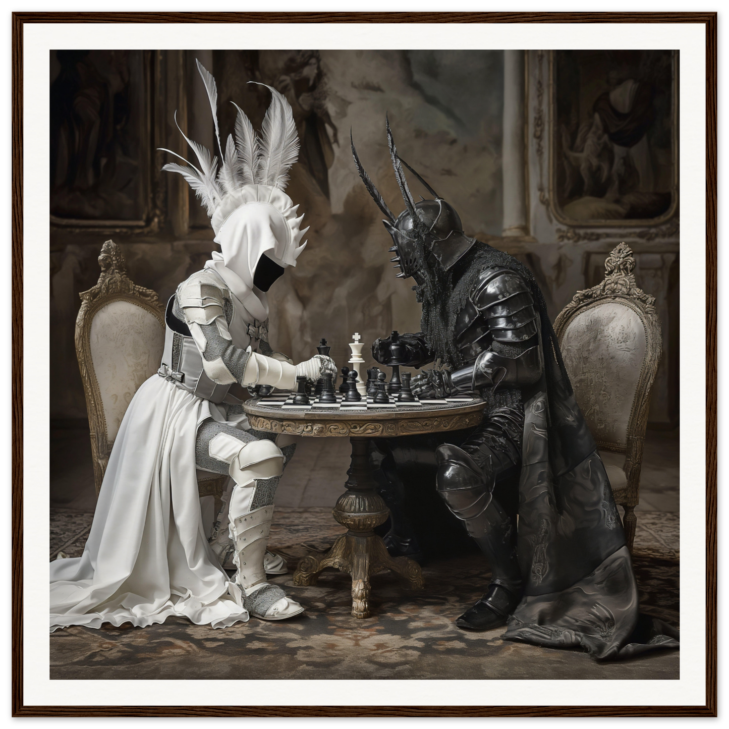 Two armored figures engaging in chess at a round table from Strategic Enigma Echoes