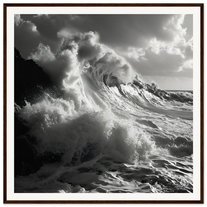 A powerful ocean wave crashes against rocks in Sublime Crest Odyssey framed wall art