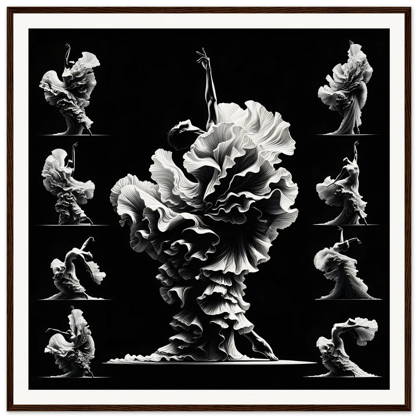 Swirling white fabric creates a floral formation in Swirling Dance Reverie art