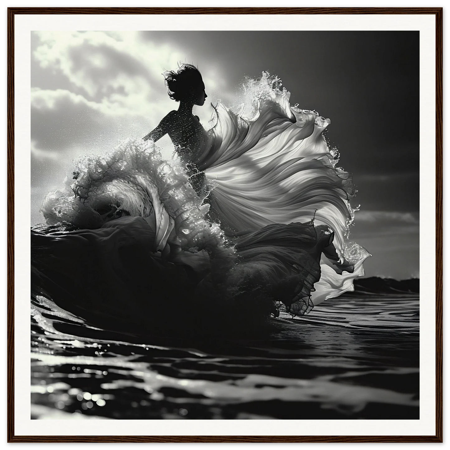 Silhouetted figure in white fabric emerging from ocean wave, Swirling Euphoria Dance art