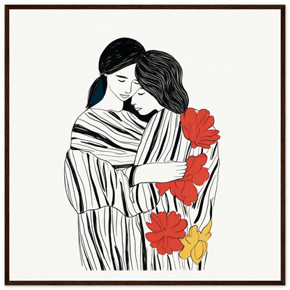 Minimalist line drawing of an intimate embrace with flowers in Tender Embrace Symphony framed art print