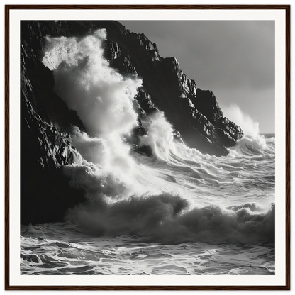 Powerful ocean waves crashing on rocky cliffs in Tidal Unfurl Dance framed wall art