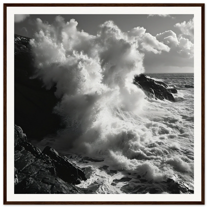 Powerful ocean wave crashing on rocky cliffs in Tide’s Judgement Hour special edition art™