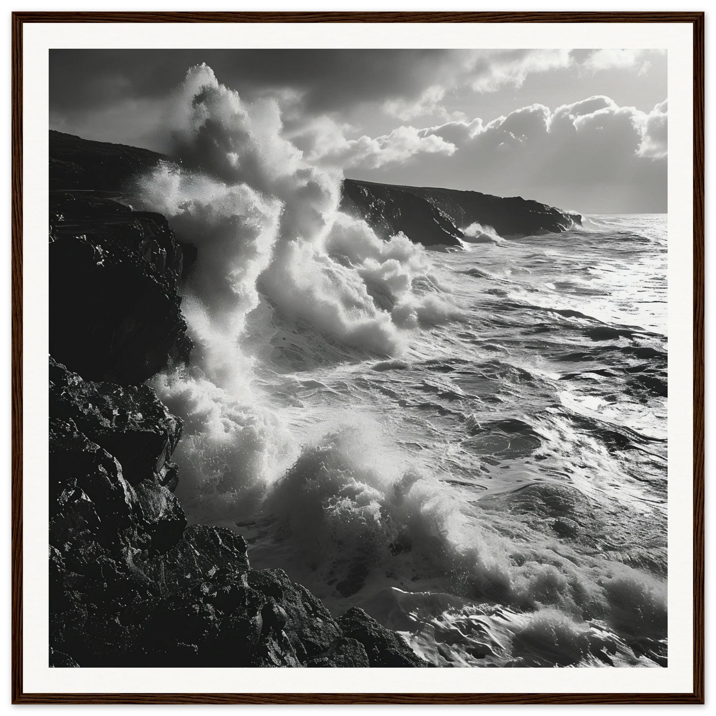 Powerful ocean waves crash against rocky cliffs in Tide’s Tumult Saga premium framed art