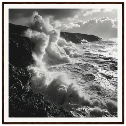 Powerful ocean waves crash against rocky cliffs in Tide’s Tumult Saga premium framed art