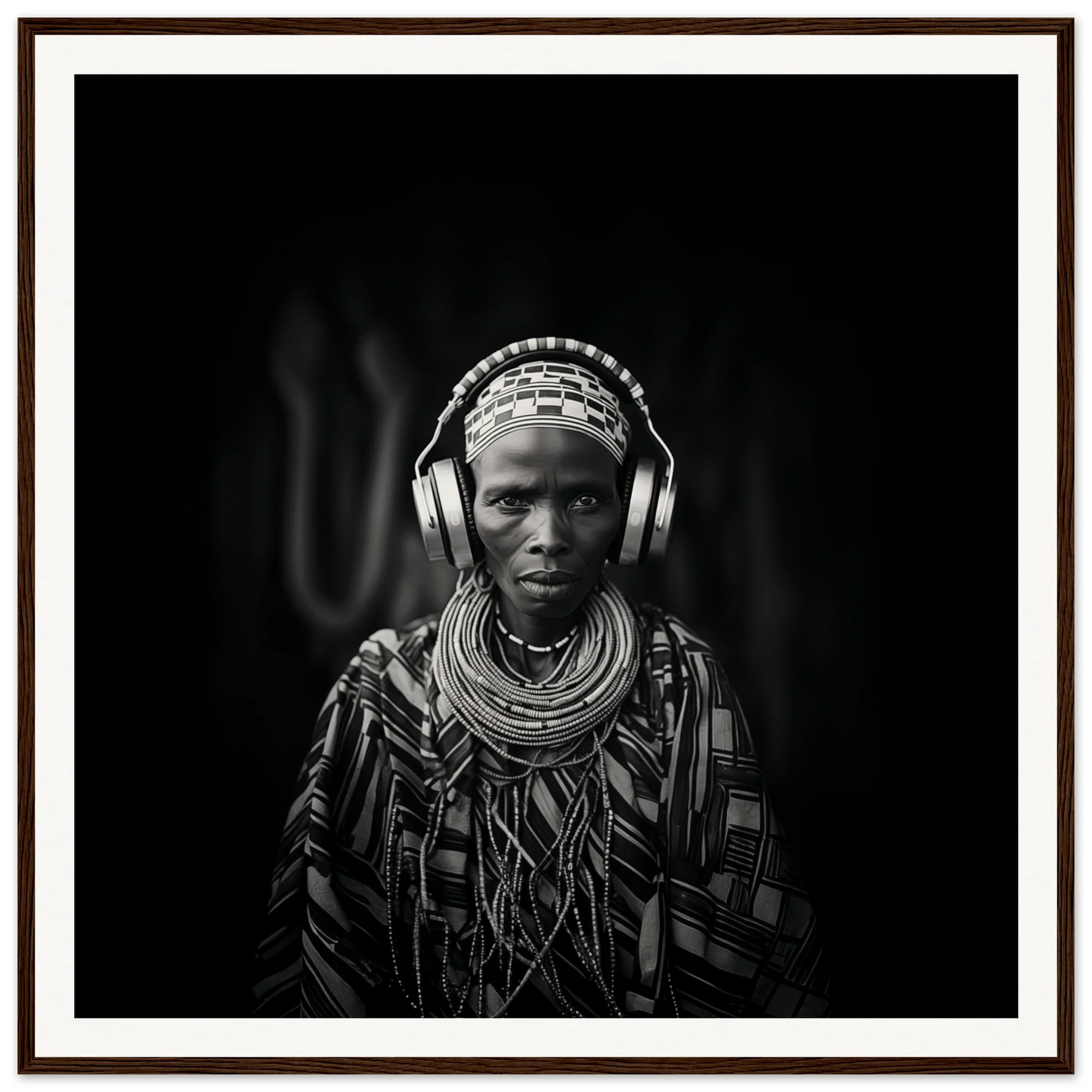 Striking black and white portrait blending tribal culture and modern headphones for Tribal Why-Fi art