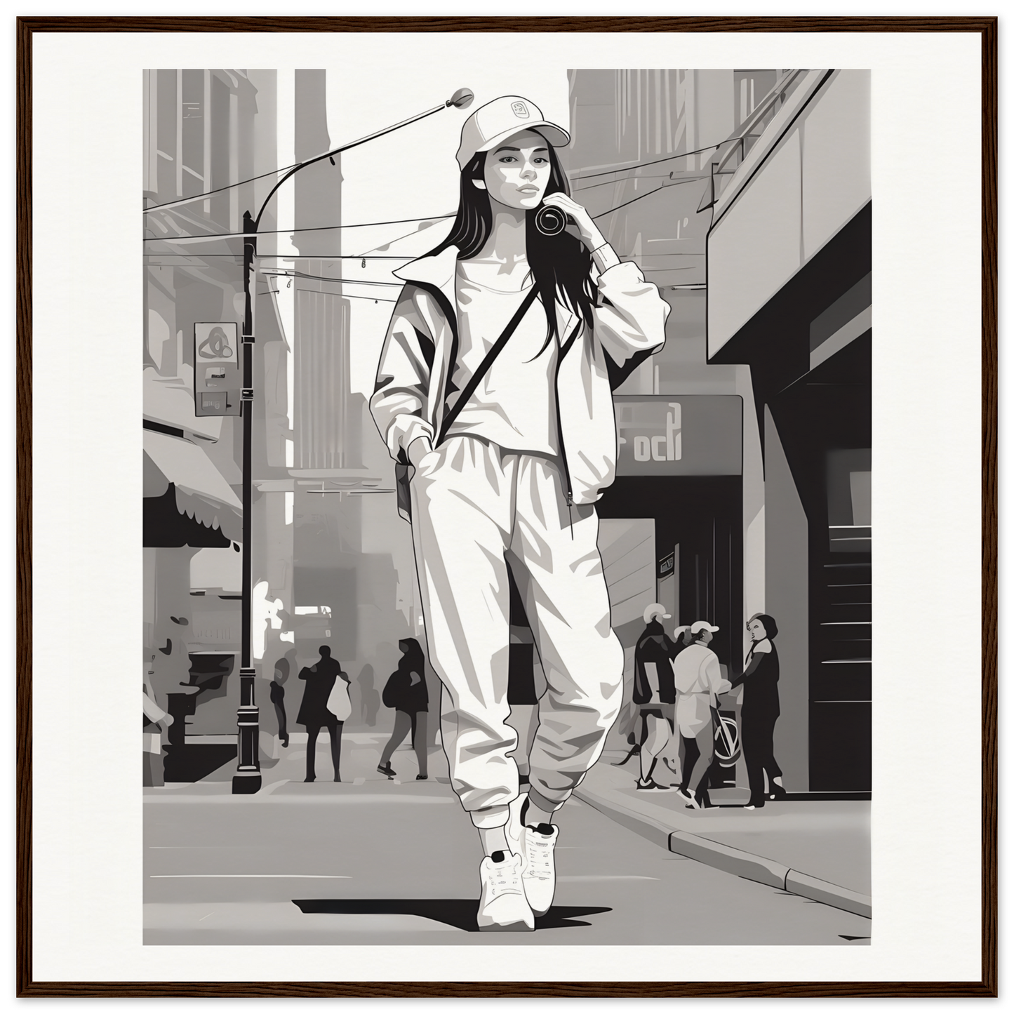 Black and white illustration of casual streetwear from Urban Dreamwalk Vogue special edition art™