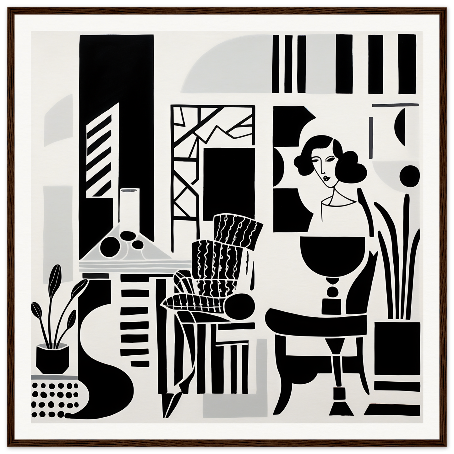 Black and white abstract geometric art with urban simba masquerade and pine wood vibe