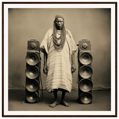 A person in traditional African robes stands by speaker stacks in Voices Amid Pixels art