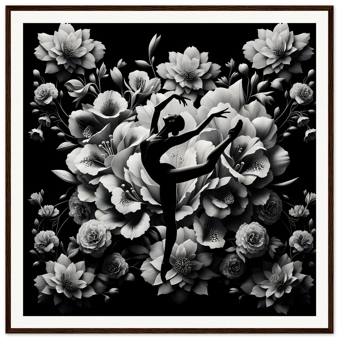 Silhouette of a ballet dancer in arabesque with flowers for Waltzing Bloom Synthesis