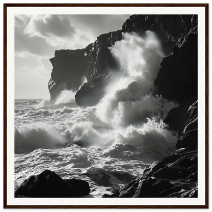 Dramatic ocean waves crashing on rocky cliffs in Waves’ Wild Gambit framed wall art