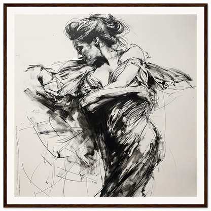 Dynamic black and white dancer sketch in Whispering Solar Solitude framed poster