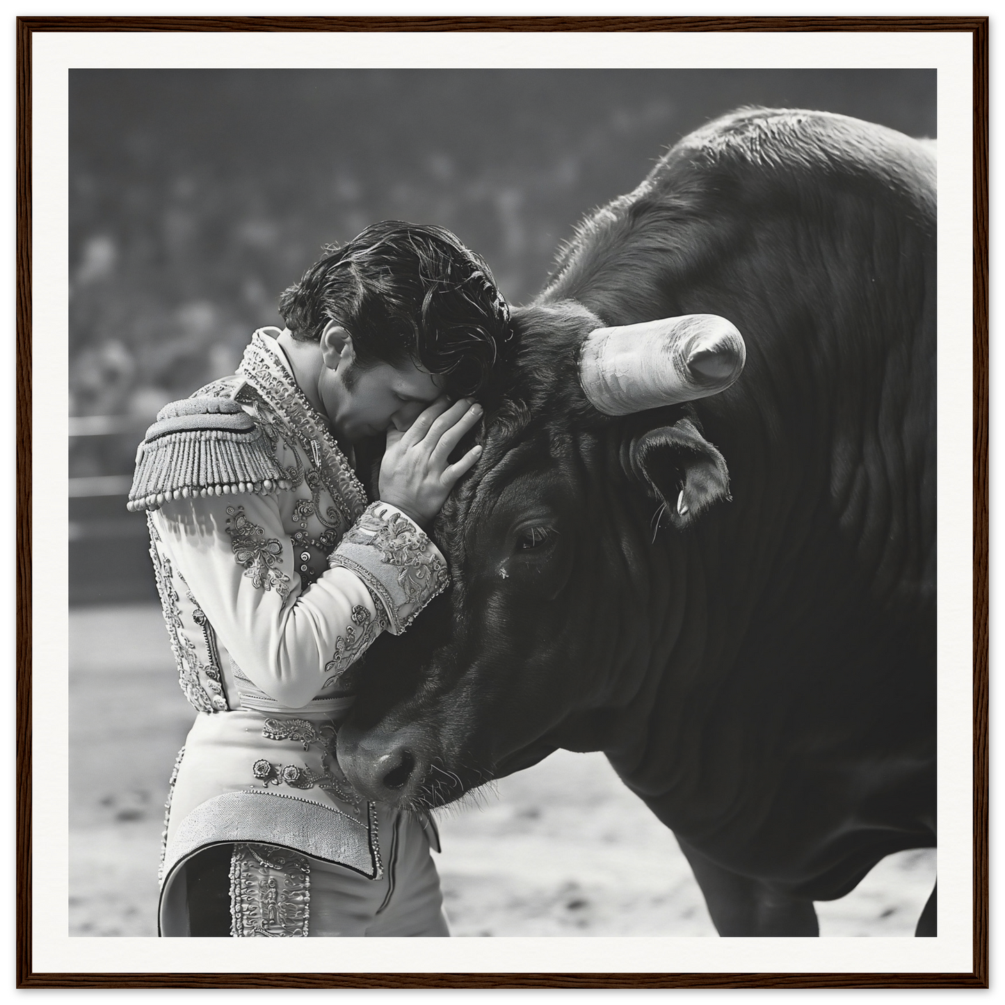 Matador in ornate uniform pushing forehead against bull, framed wall art special edition art