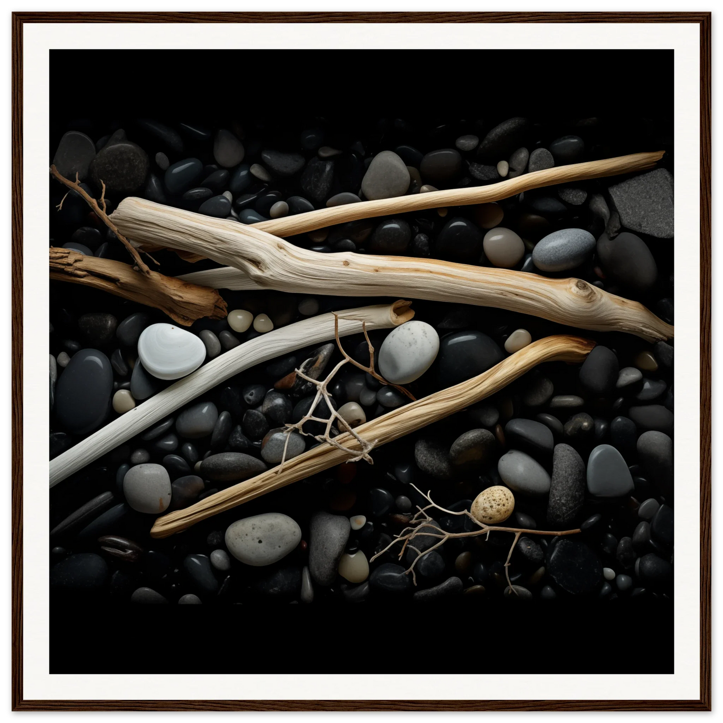 Weathered driftwood and smooth river rocks in Whispers Earthward Serenade art