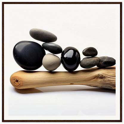 Smooth river rocks on driftwood in Zen Balance Riffs special edition art™ display