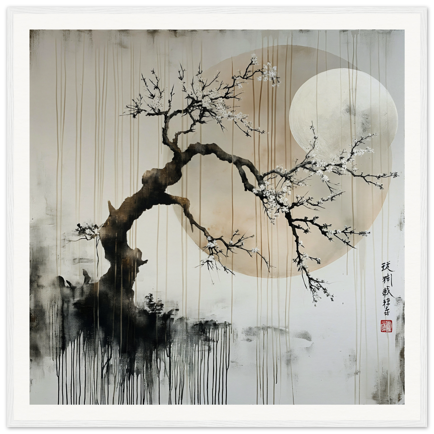 Twisted cherry blossom tree branch against a full moon in Blossoms’ Cosmic Serenade art