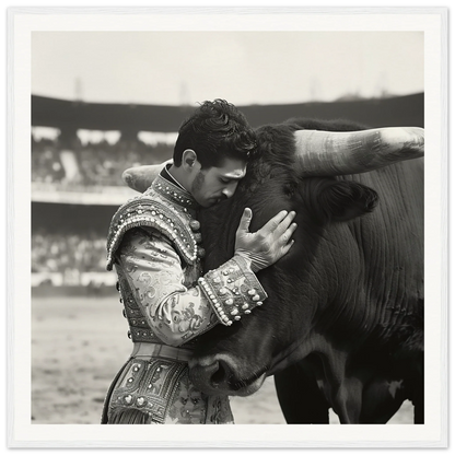 Matador in ornate suit embracing bull’s head, perfect for Bull & Brave framed wall art