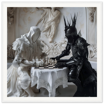 Two costumed figures in white and black playing chess from Chess Rhapsody Duality