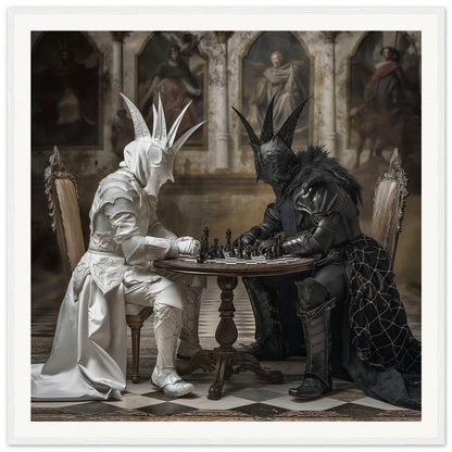 Two figures in white and black playing chess on a Chessboard Waltz special edition art™