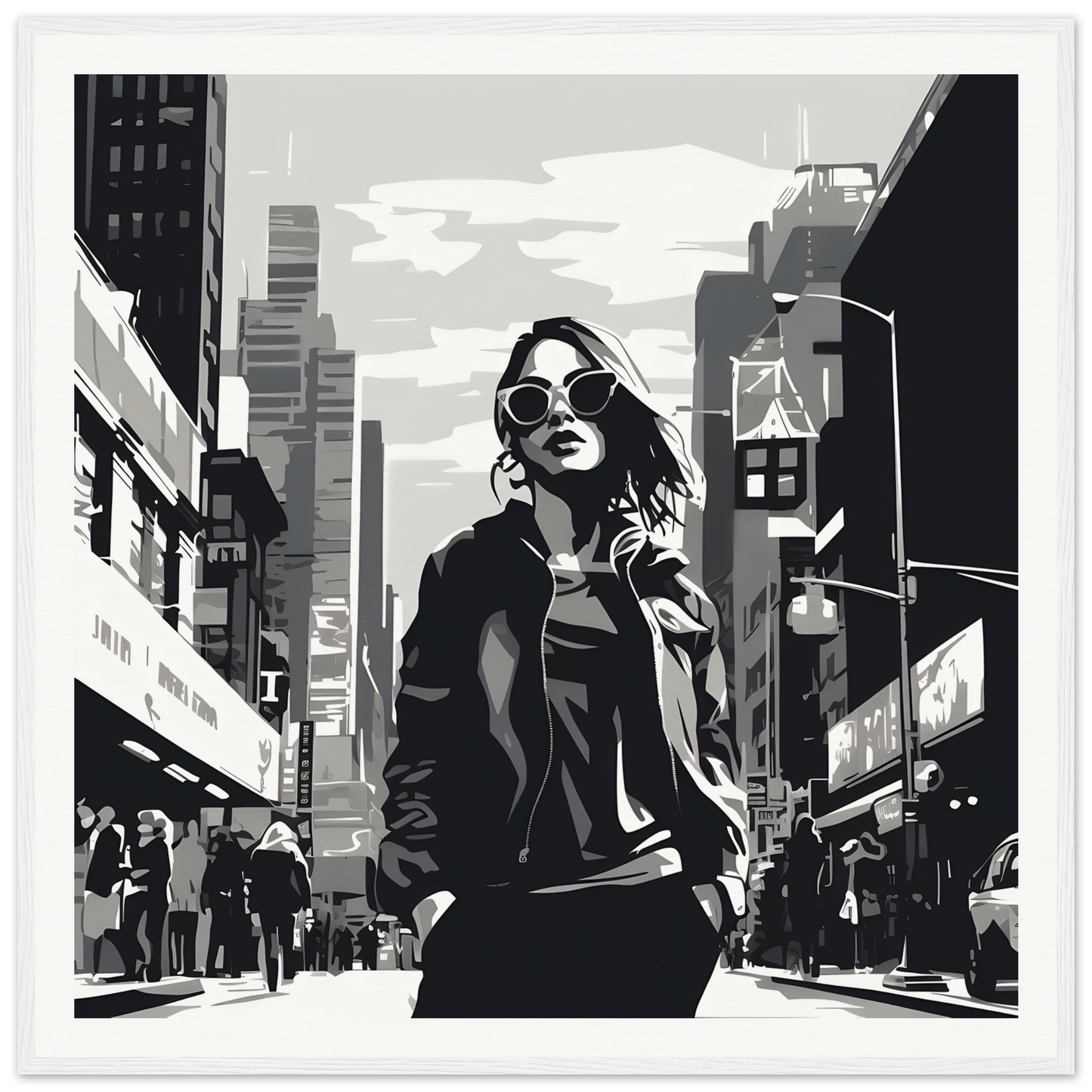 Stylized black and white illustration of a stylish person in sunglasses from Chic City’s Echoes