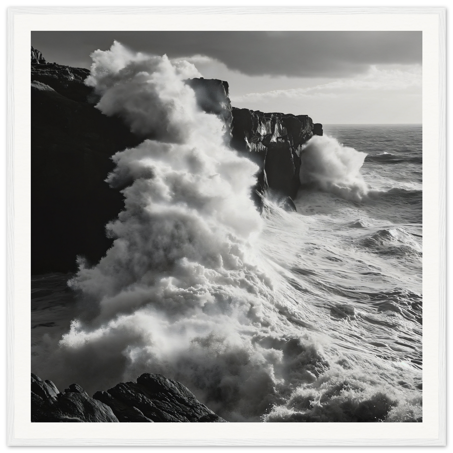 Powerful ocean waves crash against cliffs in Cliffs’ Chaotic Ballet seascape art