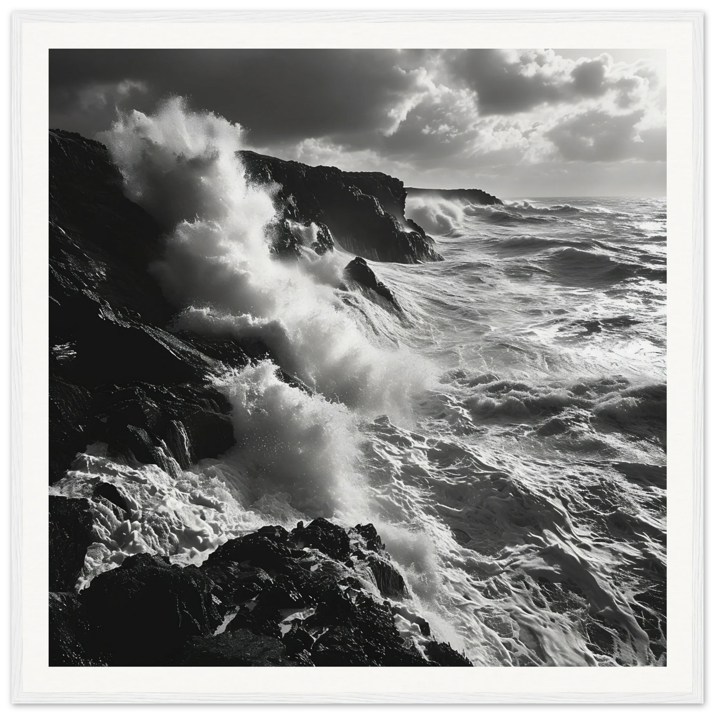 Powerful ocean waves crash against rocky cliffs in Craggy Surf Duel special edition art™