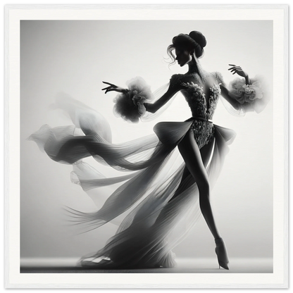 Graceful dancer in flowing dress poses elegantly for Dancing Lightstreams Afloat art