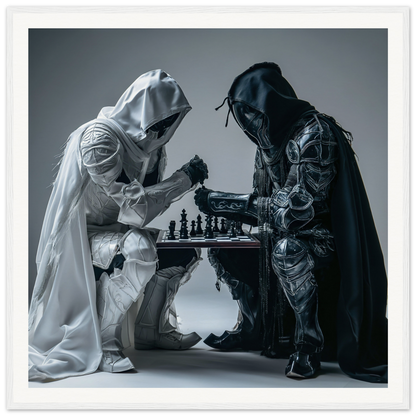 Two hooded figures in black and white robes playing chess in Duality Chess Dreamscape