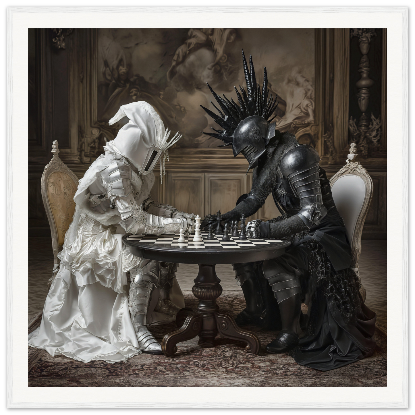 Two ornate figures in black and white playing chess in Duelling Nightmares Vision art