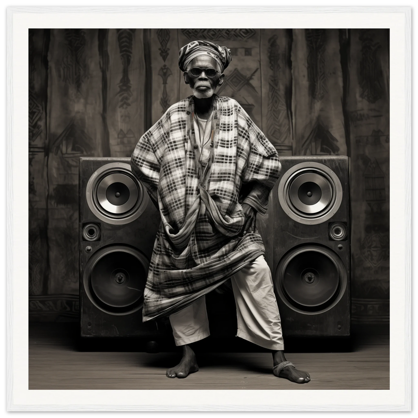 Person in traditional African attire with two speakers, a timeless elegance in Echos of Mysticism