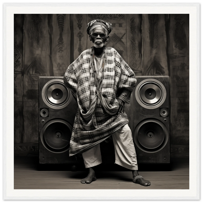 Person in traditional African attire with two speakers, a timeless elegance in Echos of Mysticism