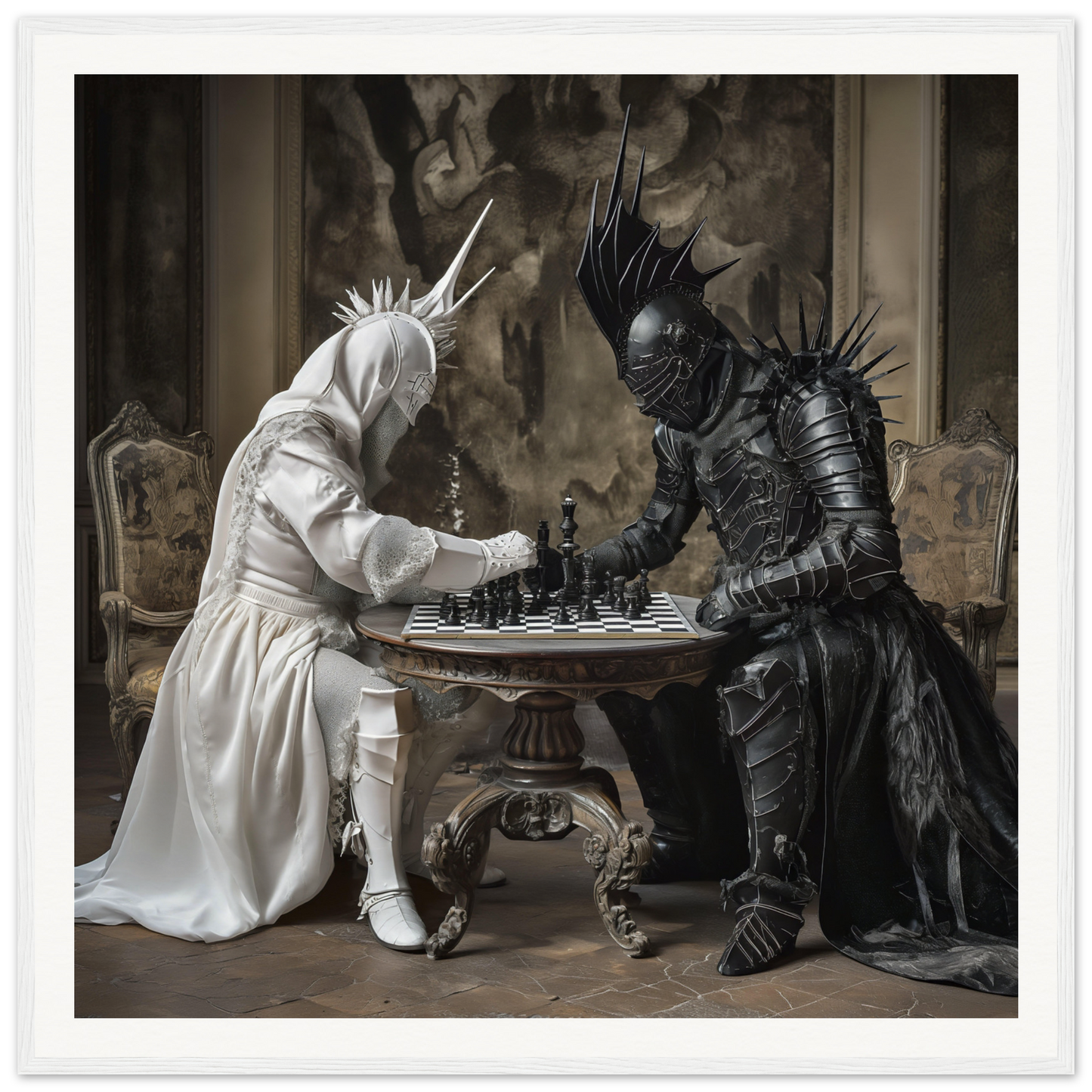 Two armored knights face off in an elegant chess duel at a fancy table