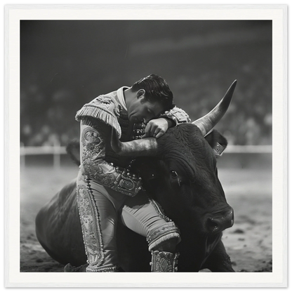 Dramatic black and white matador grappling with bull in Embrace of Epiphanies framed wall art