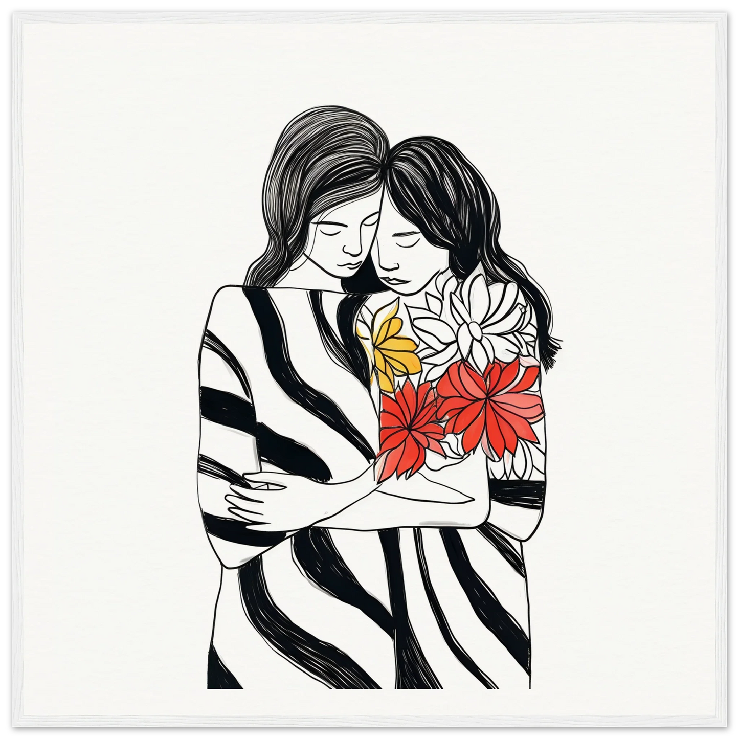 Black and white embrace florid flicker art with red and yellow flowers, museum-quality framed