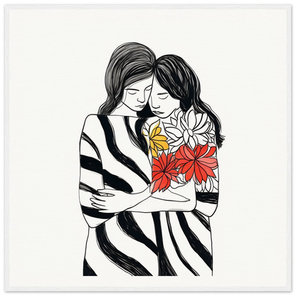 Black and white embrace florid flicker art with red and yellow flowers, museum-quality framed