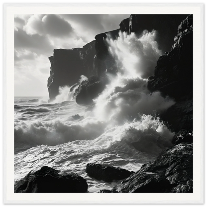 Powerful ocean waves crashing on dark cliffs in Ephemeral Stone Symphony framed poster