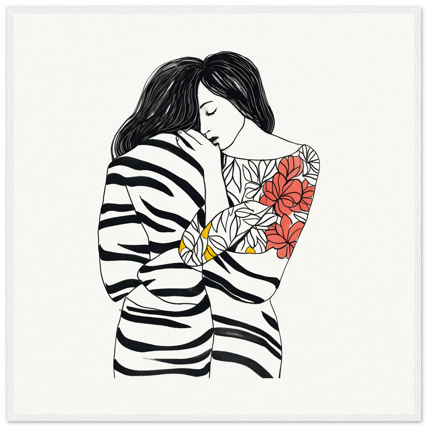 Line drawing of a person in a striped sweater with floral tattoos for Etched Embrace Harmony